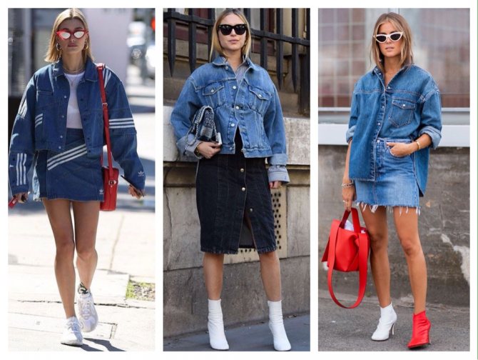 street style с джинсовой юбкой